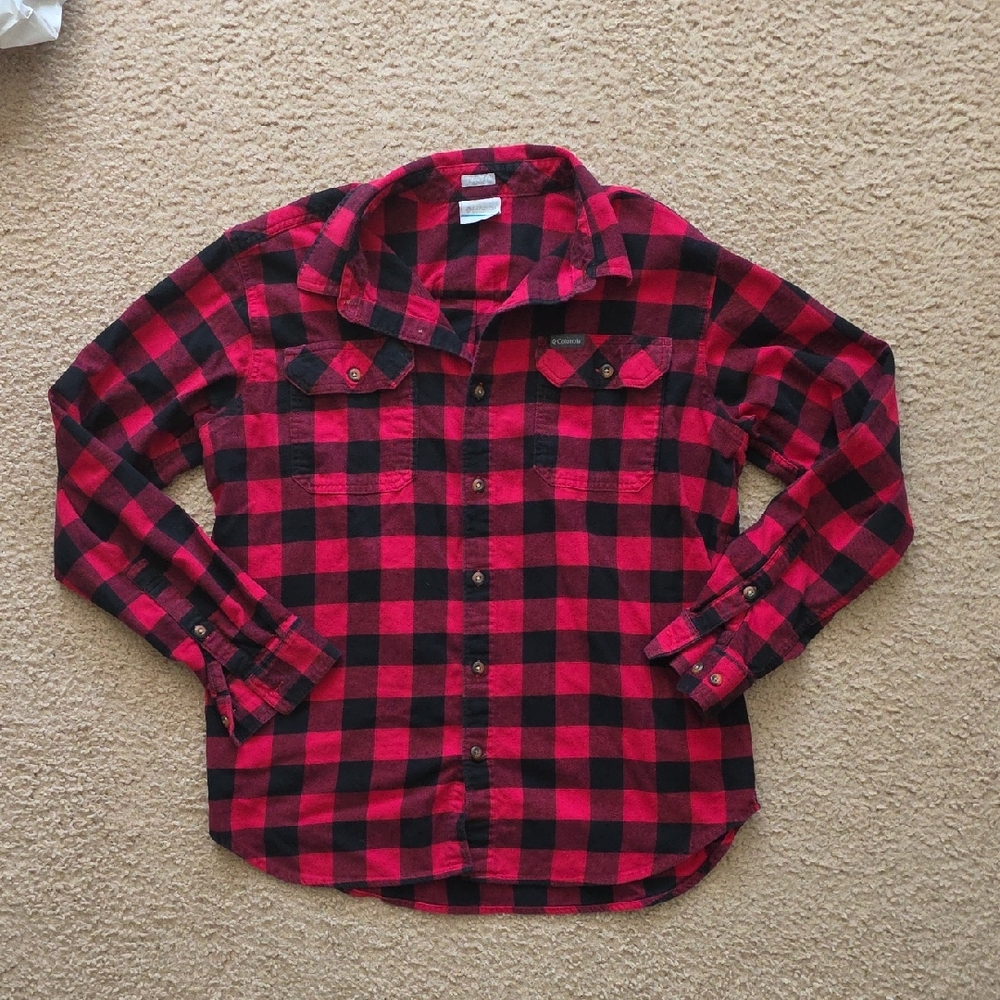 Columbia Red and Black Plaid Casual Button Down Shirt